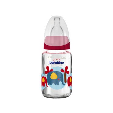 Bambino Cam Biberon 125ml 0+ Ay - Kırmızı - Fil Desenli - Bambino
