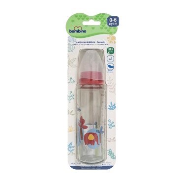 Bambino Cam Biberon 225ml 0+ Ay - Kırmızı - Çiçek - Bambino