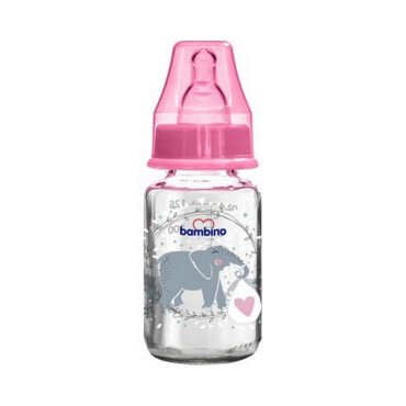 Bambino Cam Biberon Yavaş Akış 125ml 0+ Ay - Pembe - Fil Desenli - Bambino