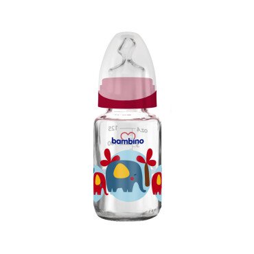 Bambino Cam Biberon Yavaş Akışlı 125ml 0+ Ay - Kırmızı - Fil Desenli - Bambino
