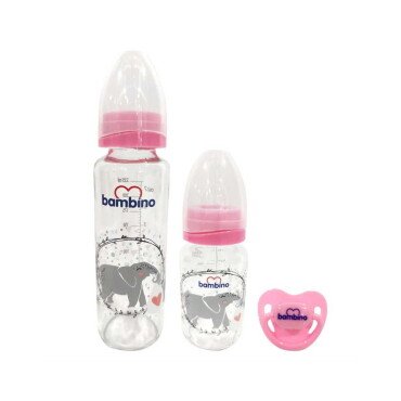 Bambino Emzik ve Cam Biberon Seti - Pembe - Fil - Bambino