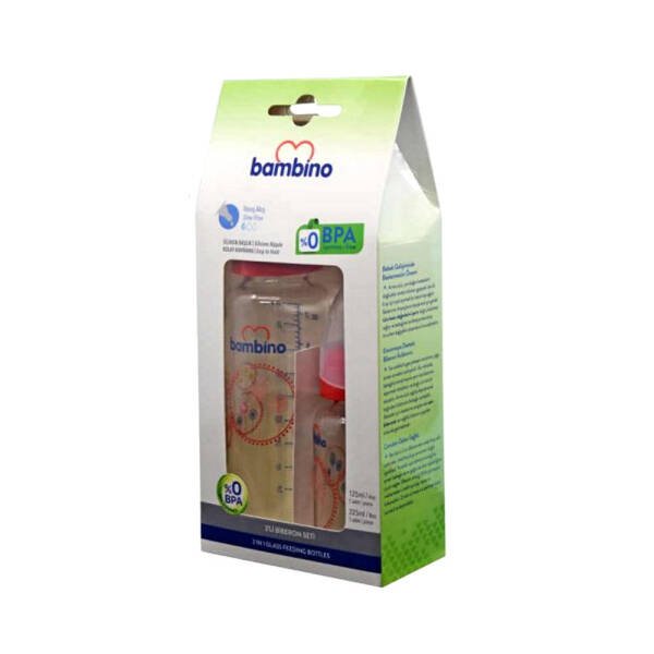 Bambino İkili Cam Biberon Seti Kırmızı Fil Yavaş Akış - 1