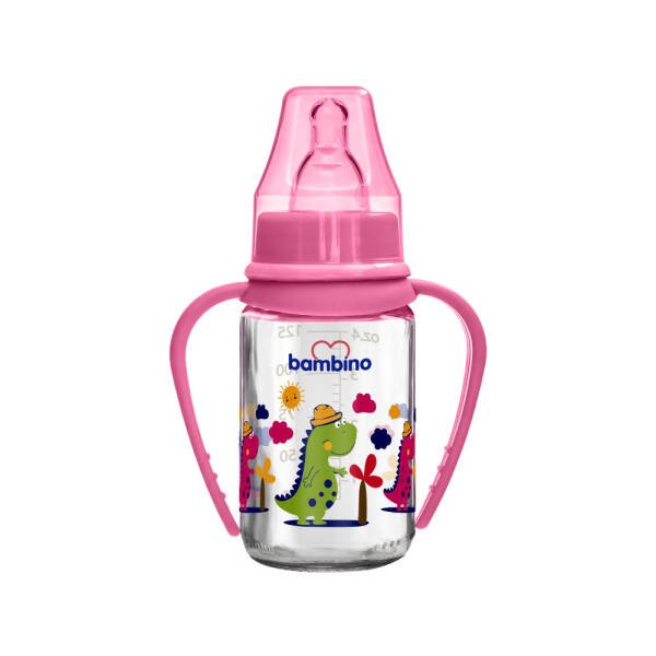 Bambino Kiraz Uçlu Cam Biberon 125ml - Pembe - Dinozor - 1