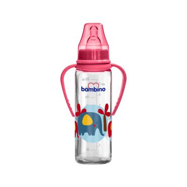 Bambino Kiraz Uçlu Kulplu Cam Biberon 225ml 0+ Ay Kırmızı - Bambino