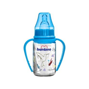 Bambino Kulplu Cam Biberon Silikon Kiraz Uçlu 125ml 0+ Ay - Mavi - Kuş - Bambino