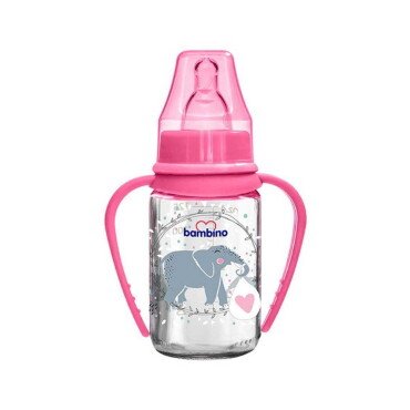 Bambino Kulplu Cam Biberon Silikon Kiraz Uçlu 125ml 0+ Ay - Pembe - Fil - Bambino