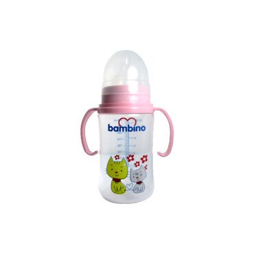 Bambino PP Kulplu Biberon 250ml 0+Ay - Pembe - Kedi Desenli - Bambino