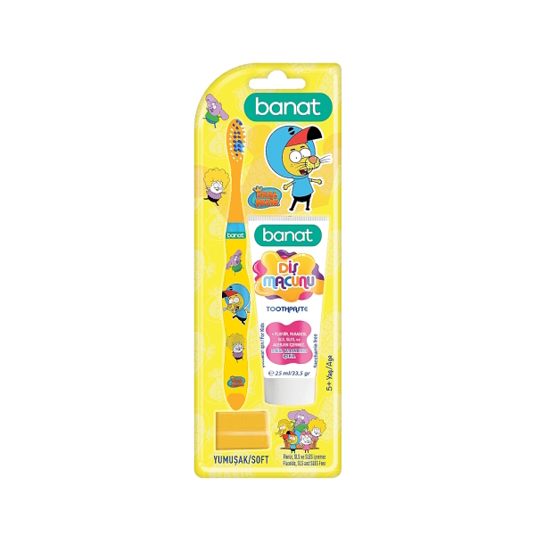 Banat Kral Şakir 5+ Yaş Sarı Yumuşak Diş Fırçası + Diş Macunu 25ml Set - 1