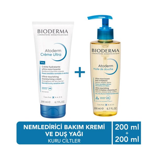 Bioderma Atoderm Ultra Nemlendirici Krem 200 ml + Nemlendirici ve Besleyici Duş Yağı 200 ml Set - 2