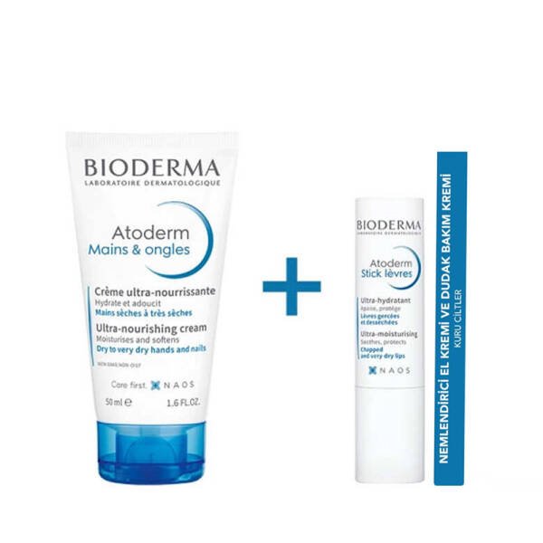 Bioderma Atoderm Hand Cream 50 ml + Lip Stick 4 gr Set Nemlendiricili El Kremi ve Dudak Bakım Kremi - 1