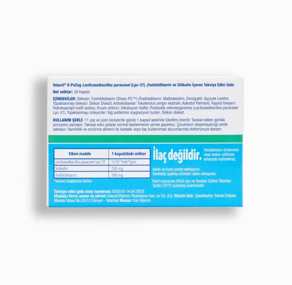 Velavit V-PsCog - Lpc-37, Fosfotidilserin ve Sitikolin İçeren Takviye Edici Gıda 30 Kapsül - 2